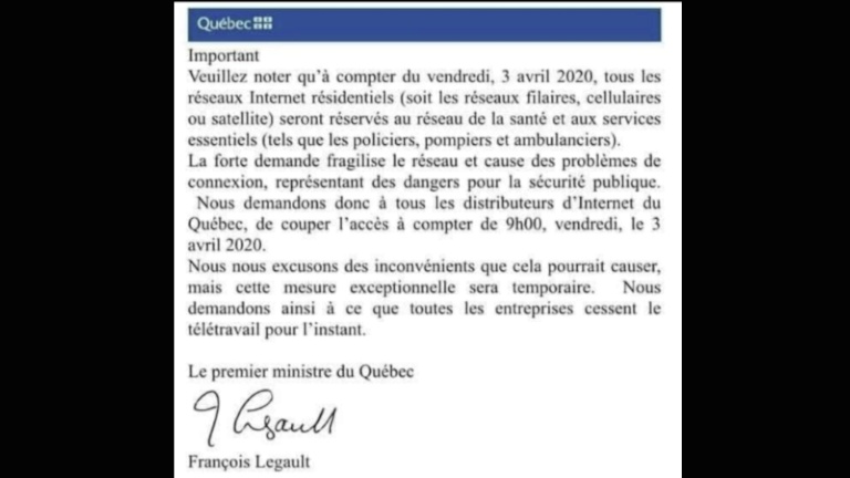 Internet coupé au Québec le 3 avril? Un faux message devient viral